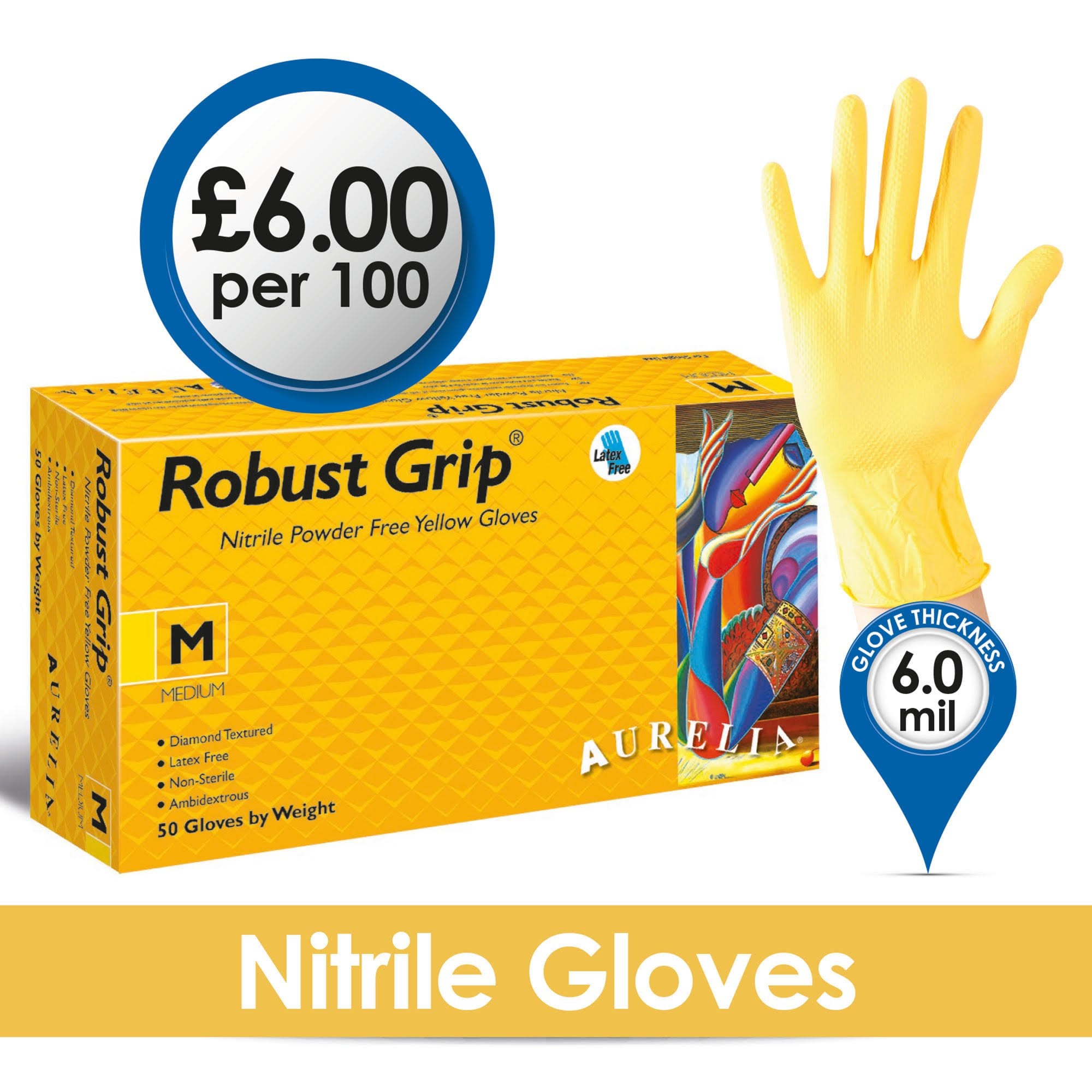 Robust Grip - Yellow Nitrile Gloves - Powder Free