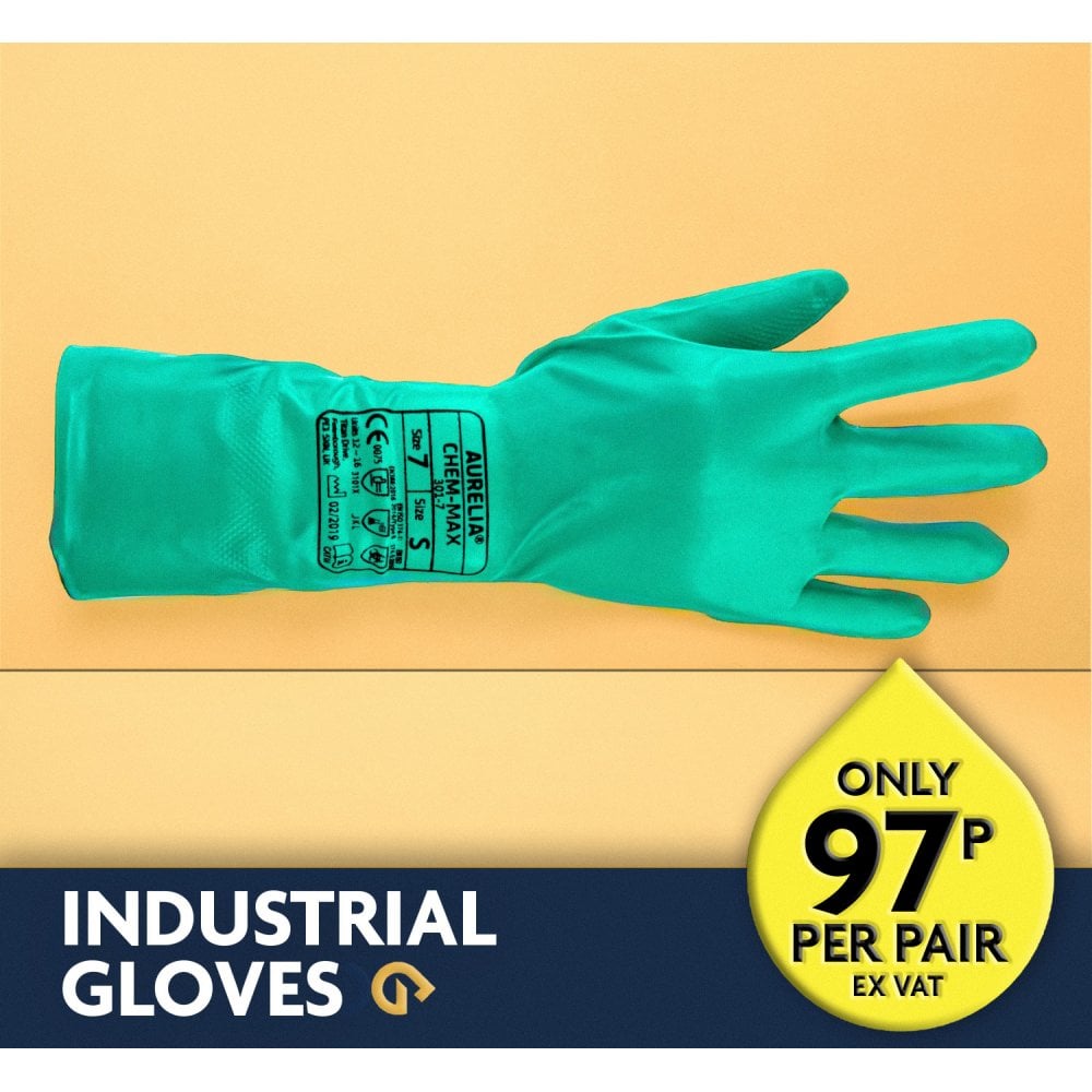 Chem Max - Green Flock lined Nitrile Chemical Gauntlet Glove