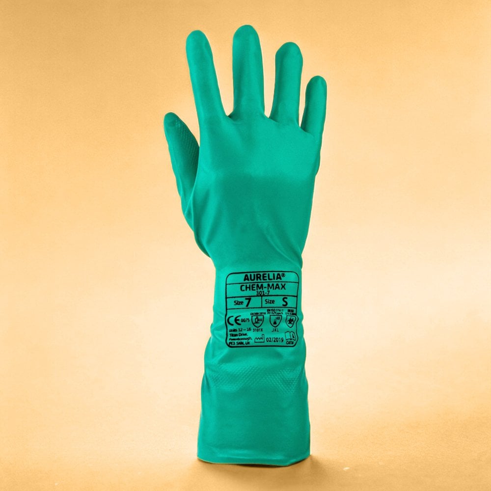Chem Max - Green Flock lined Nitrile Chemical Gauntlet Glove
