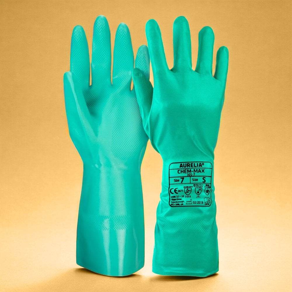 Chem Max - Green Flock lined Nitrile Chemical Gauntlet Glove